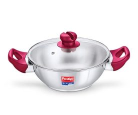 Prestige Popular Stainless Steel Gas and Induction Compatible Kadai with Glass Lid, 200 mm