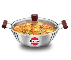 Hawkins 4 Litre Deep Kadhai, Triply Stainless Steel Kadai with Glass Lid.