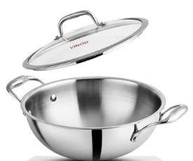 Platinum Triply Stainless Steel Extra Deep Kadai with Glass Lid - 1.2 L, 18 cm